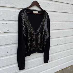 MICHAEL KORS Cotton Blend Knit Long Sleeve Black Sequin Button Up Cardigan- M